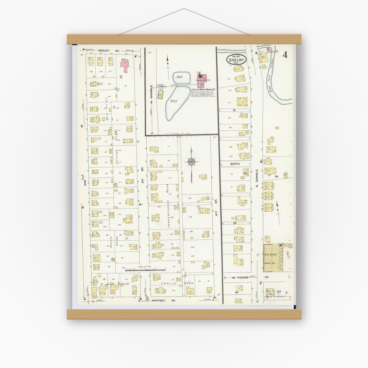 Old map wall art mockup — magnetic wood frame on white wall — Sanborn Fire Insurance Map from Shelby, Richland County, Ohio (1911), Sheet #0004