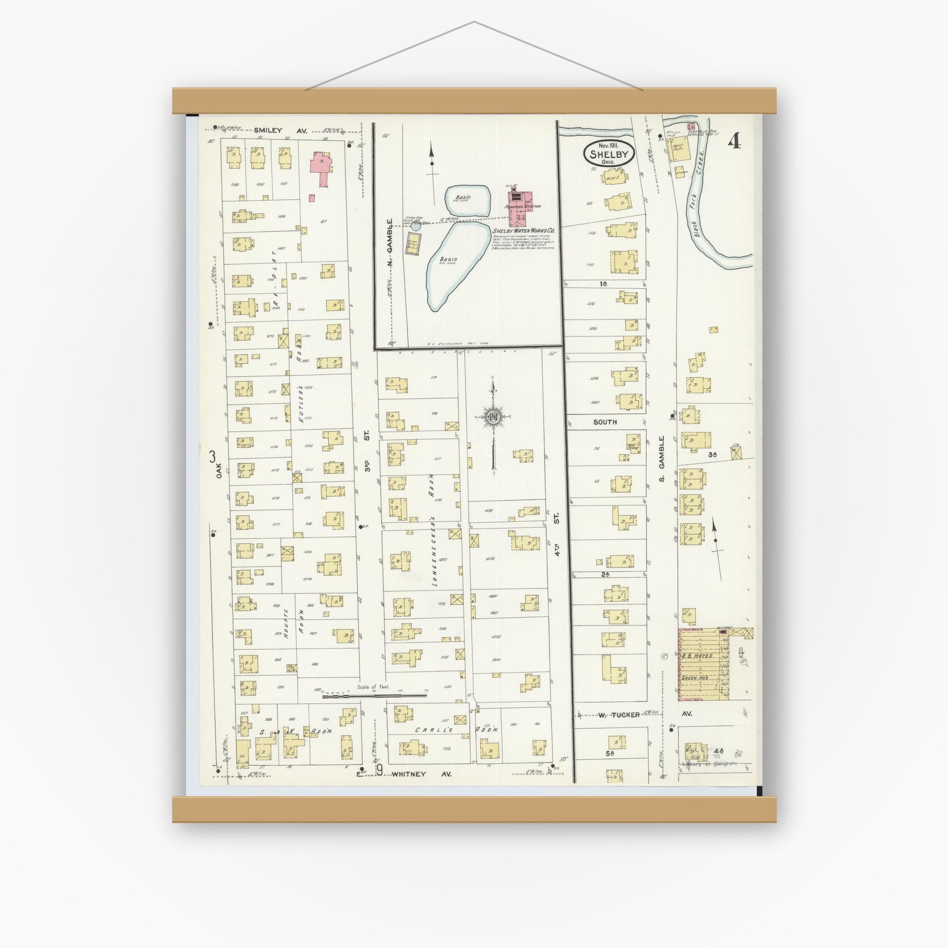 Old map wall art mockup — magnetic wood frame on white wall — Sanborn Fire Insurance Map from Shelby, Richland County, Ohio (1911), Sheet #0004