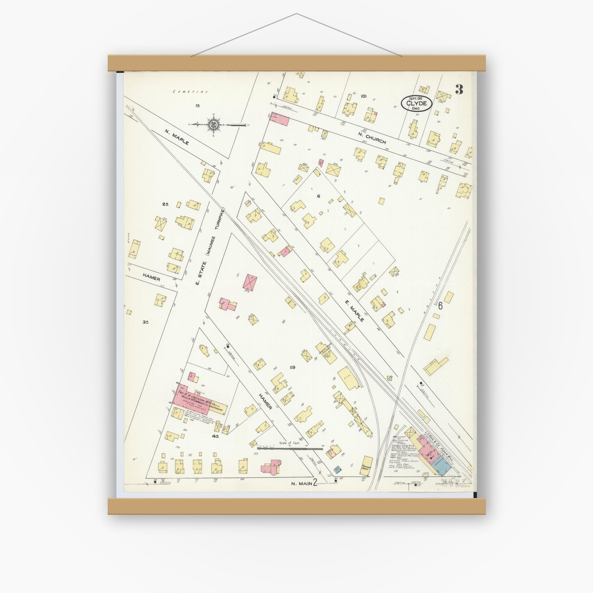 Old map wall art mockup — magnetic wood frame on white wall — Sanborn Fire Insurance Map from Clyde, Sandusky County, Ohio (1911), Sheet #0003