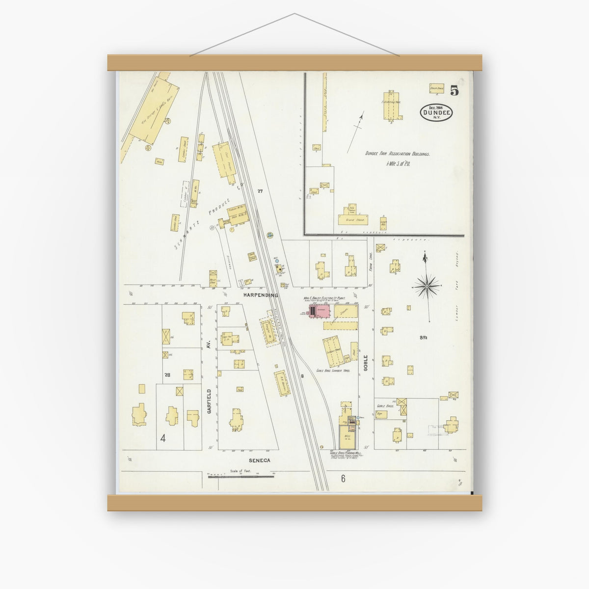 Old map wall art mockup — magnetic wood frame on white wall — Sanborn Fire Insurance Map from Dundee, Yates County, New York (1904), Sheet #0005