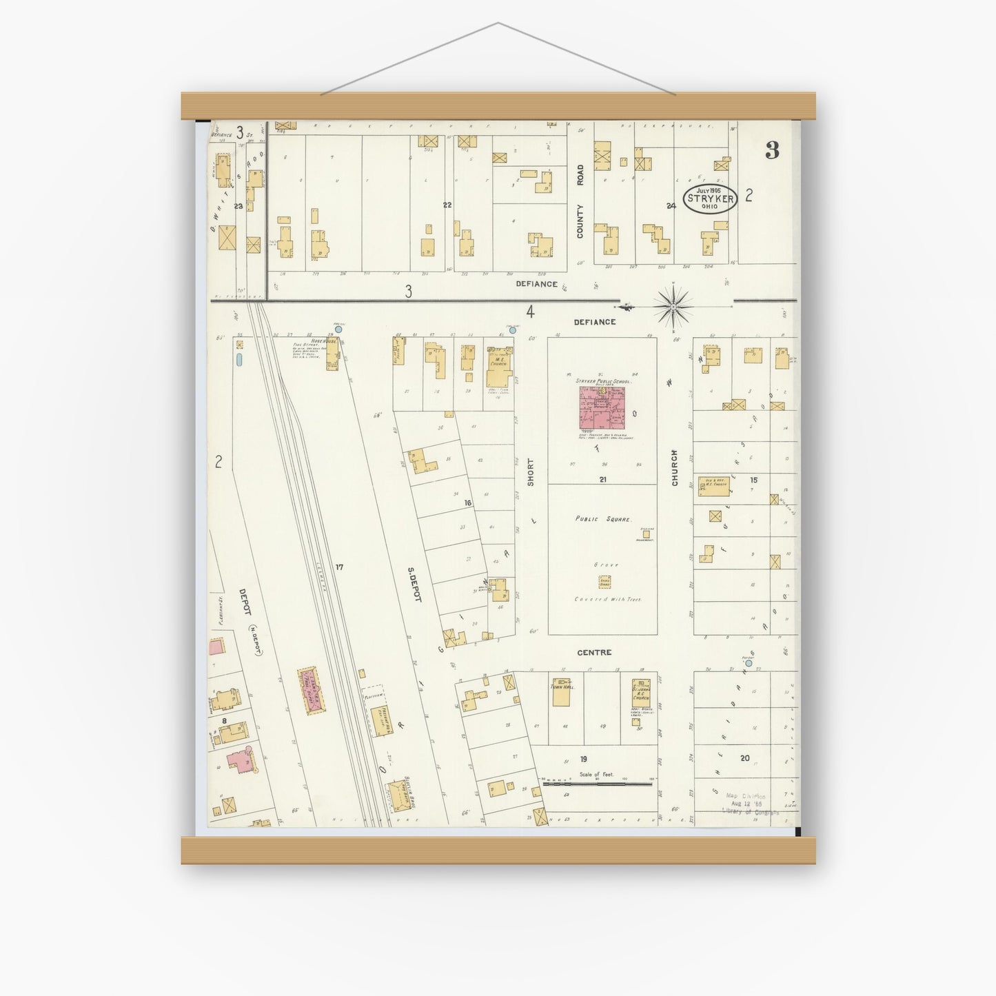 Old map wall art mockup — magnetic wood frame on white wall — Sanborn Fire Insurance Map from Stryker, Williams County, Ohio (1905), Sheet #0003