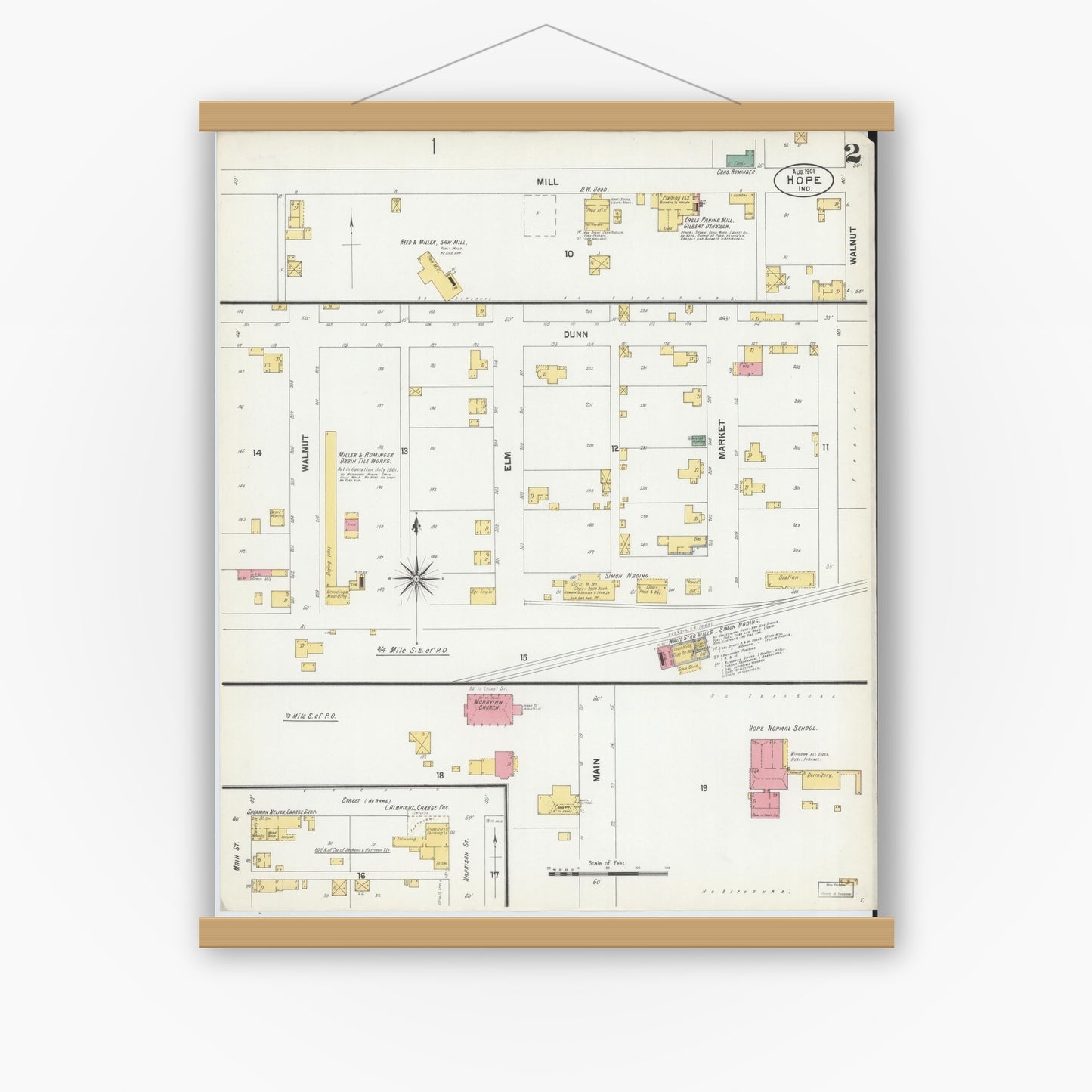 Old map wall art mockup — magnetic wood frame on white wall — Sanborn Fire Insurance Map from Hope, Bartholomew County, Indiana (1901), Sheet #0002