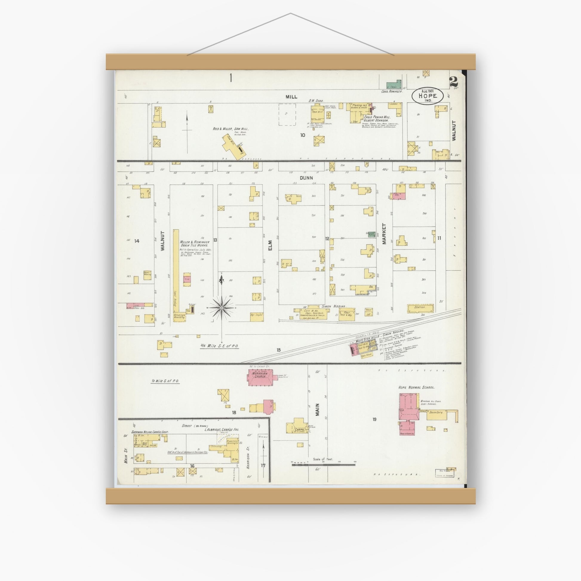 Old map wall art mockup — magnetic wood frame on white wall — Sanborn Fire Insurance Map from Hope, Bartholomew County, Indiana (1901), Sheet #0002
