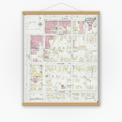 Old map wall art mockup — magnetic wood frame on white wall — Sanborn Fire Insurance Map from Jacksonville, Morgan County, Illinois (1892), Sheet #0002