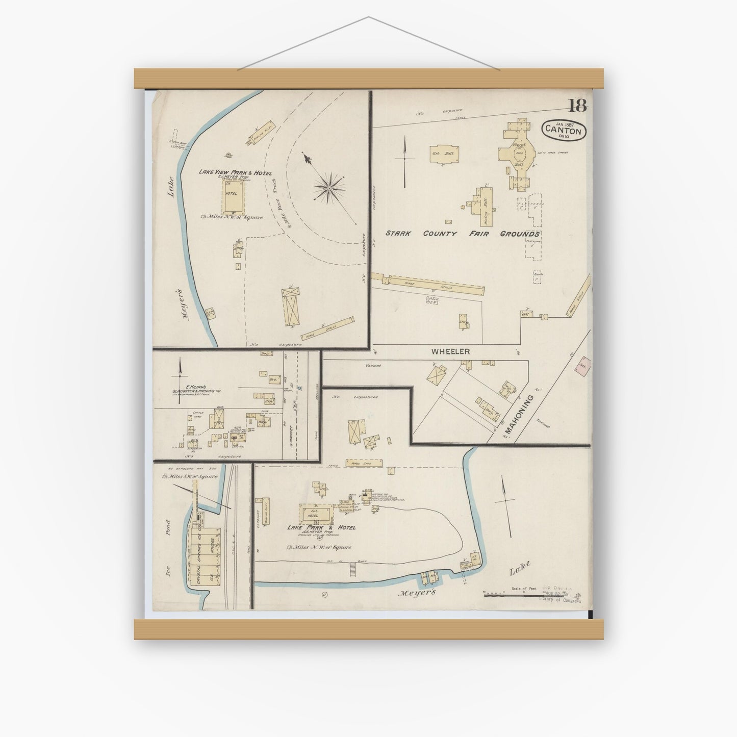 Old map wall art mockup — magnetic wood frame on white wall — Sanborn Fire Insurance Map from Canton, Stark County, Ohio (1887), Sheet #0018