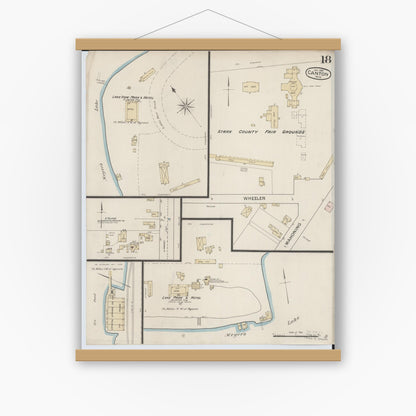Old map wall art mockup — magnetic wood frame on white wall — Sanborn Fire Insurance Map from Canton, Stark County, Ohio (1887), Sheet #0018