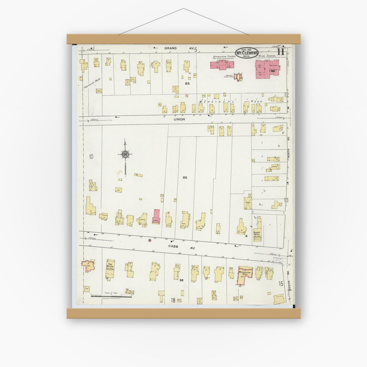 Old map wall art mockup — magnetic wood frame on white wall — Sanborn Fire Insurance Map from Mount Clemens, Macomb County, Michigan (1921), Sheet #0011