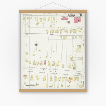 Old map wall art mockup — magnetic wood frame on white wall — Sanborn Fire Insurance Map from Mount Clemens, Macomb County, Michigan (1921), Sheet #0011
