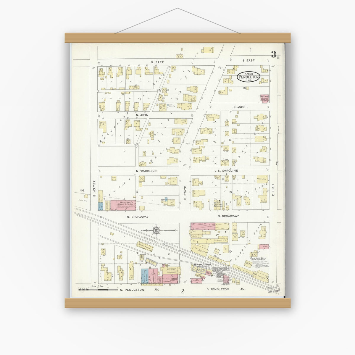 Old map wall art mockup — magnetic wood frame on white wall — Sanborn Fire Insurance Map from Pendleton, Madison County, Indiana (1914), Sheet #0003