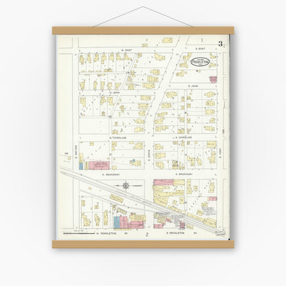 Old map wall art mockup — magnetic wood frame on white wall — Sanborn Fire Insurance Map from Pendleton, Madison County, Indiana (1914), Sheet #0003