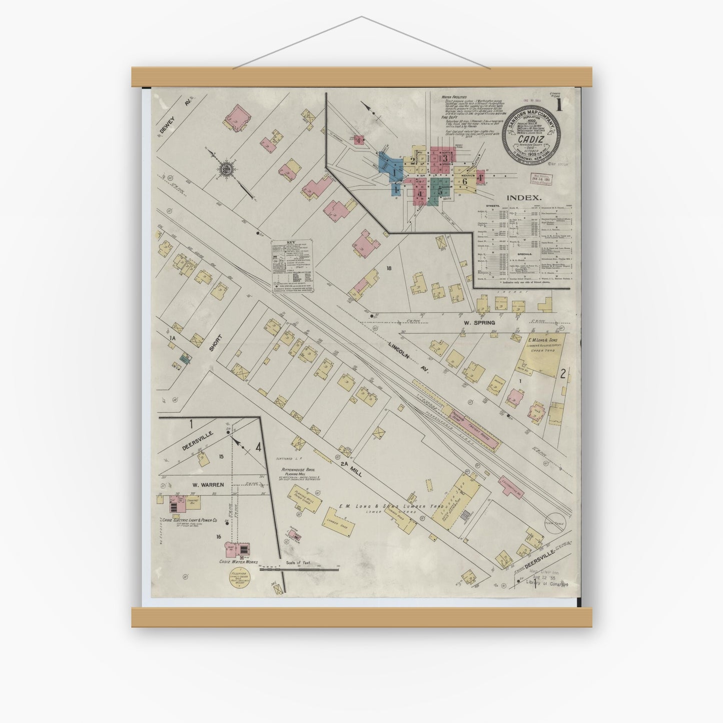 Old map wall art mockup — magnetic wood frame on white wall — Sanborn Fire Insurance Map from Cadiz, Harrison County, Ohio (1909), Sheet #0001
