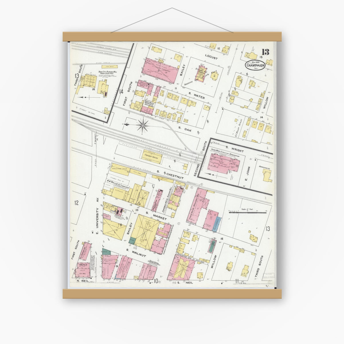 Old map wall art mockup — magnetic wood frame on white wall — Sanborn Fire Insurance Map from Champaign, Champaign County, Illinois (1909), Sheet #0013