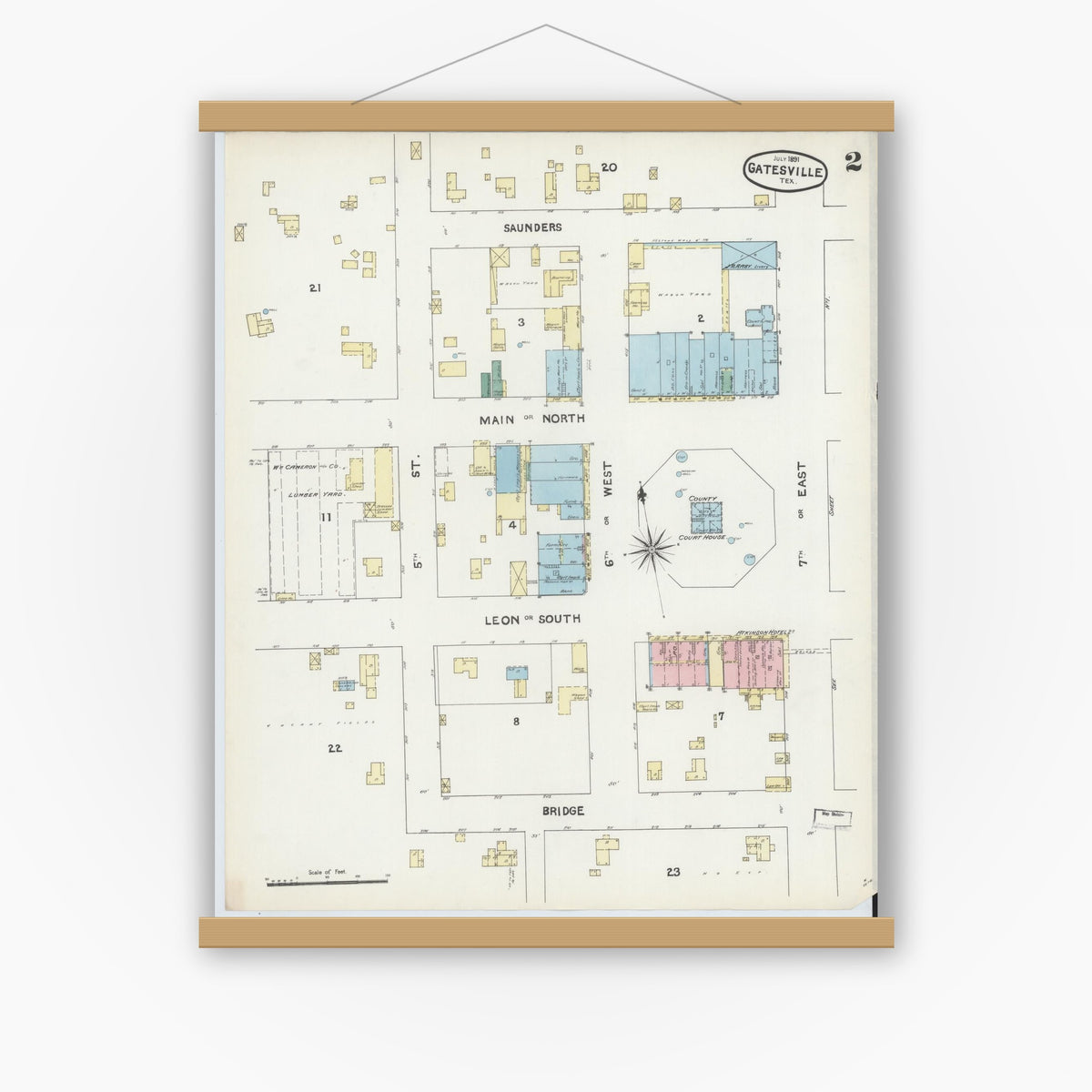 Old map wall art mockup — magnetic wood frame on white wall — Sanborn Fire Insurance Map from Gatesville, Coryell County, Texas (1891), Sheet #0002