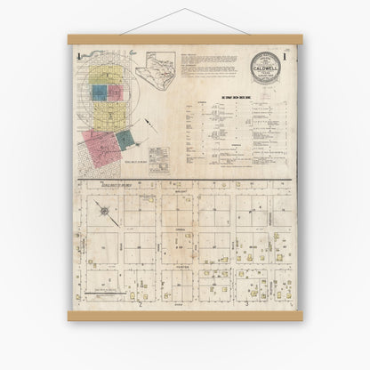 Old map wall art mockup — magnetic wood frame on white wall — Sanborn Fire Insurance Map from Caldwell, Burleson County, Texas (1925), Sheet #0001