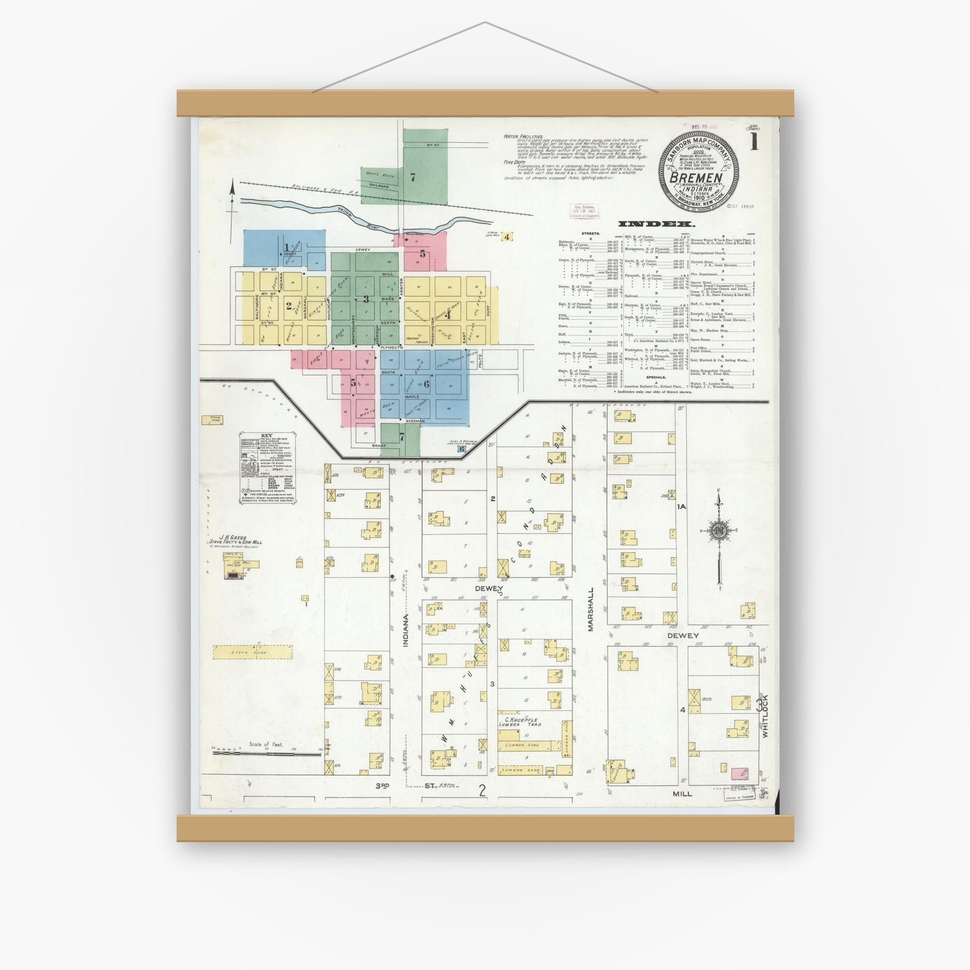 Old map wall art mockup — magnetic wood frame on white wall — Sanborn Fire Insurance Map from Bremen, Marshall County, Indiana (1910) - Complete Map Set