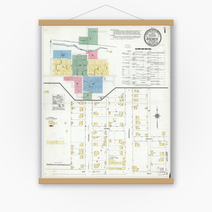 Old map wall art mockup — magnetic wood frame on white wall — Sanborn Fire Insurance Map from Bremen, Marshall County, Indiana (1910) - Complete Map Set