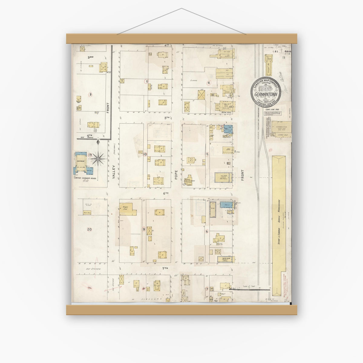 Old map wall art mockup — magnetic wood frame on white wall — Sanborn Fire Insurance Map from Germantown, Glenn County, California (1930), Sheet #0001