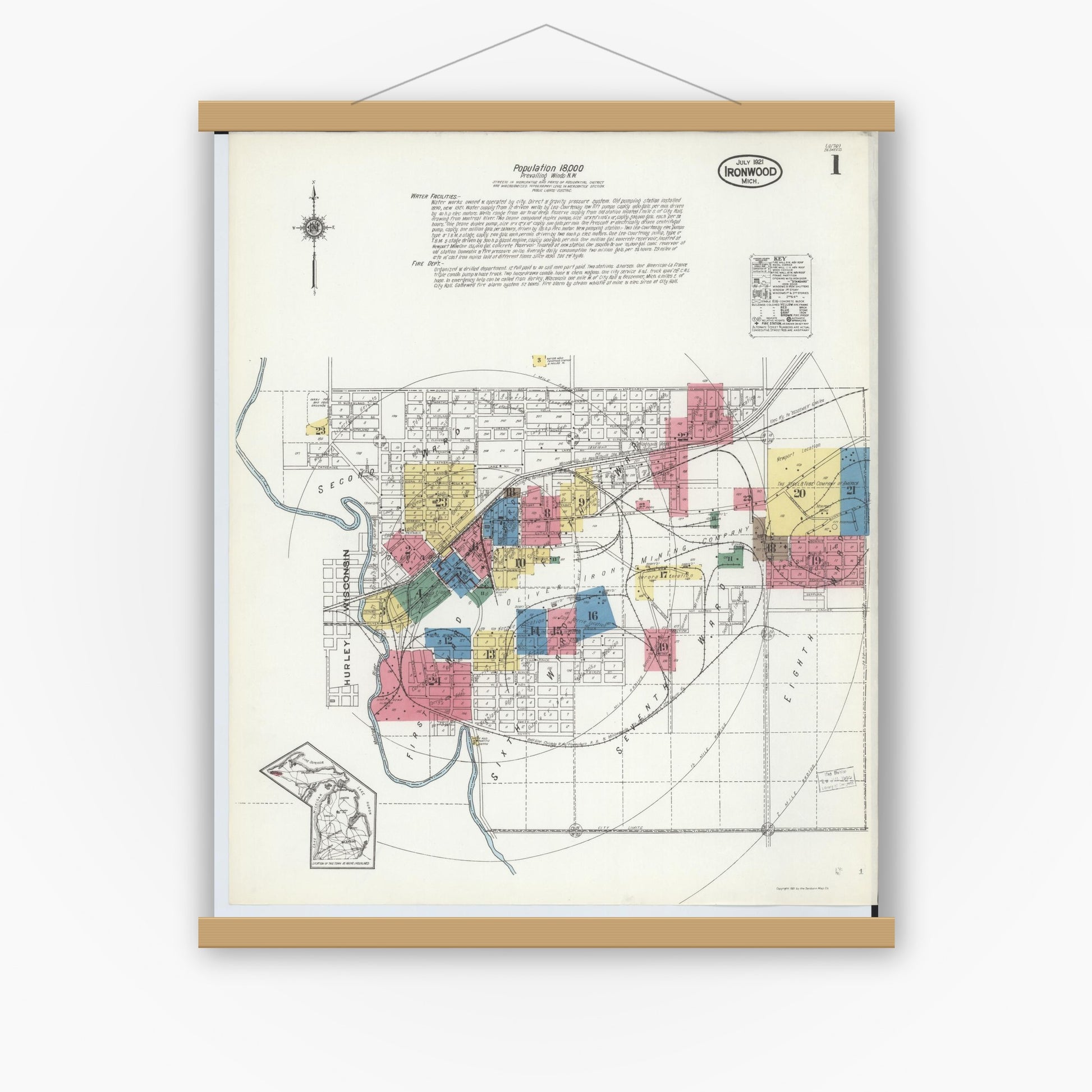 Old map wall art mockup — magnetic wood frame on white wall — Sanborn Fire Insurance Map from Ironwood, Gogebic County, Michigan (1921) - Complete Map Set