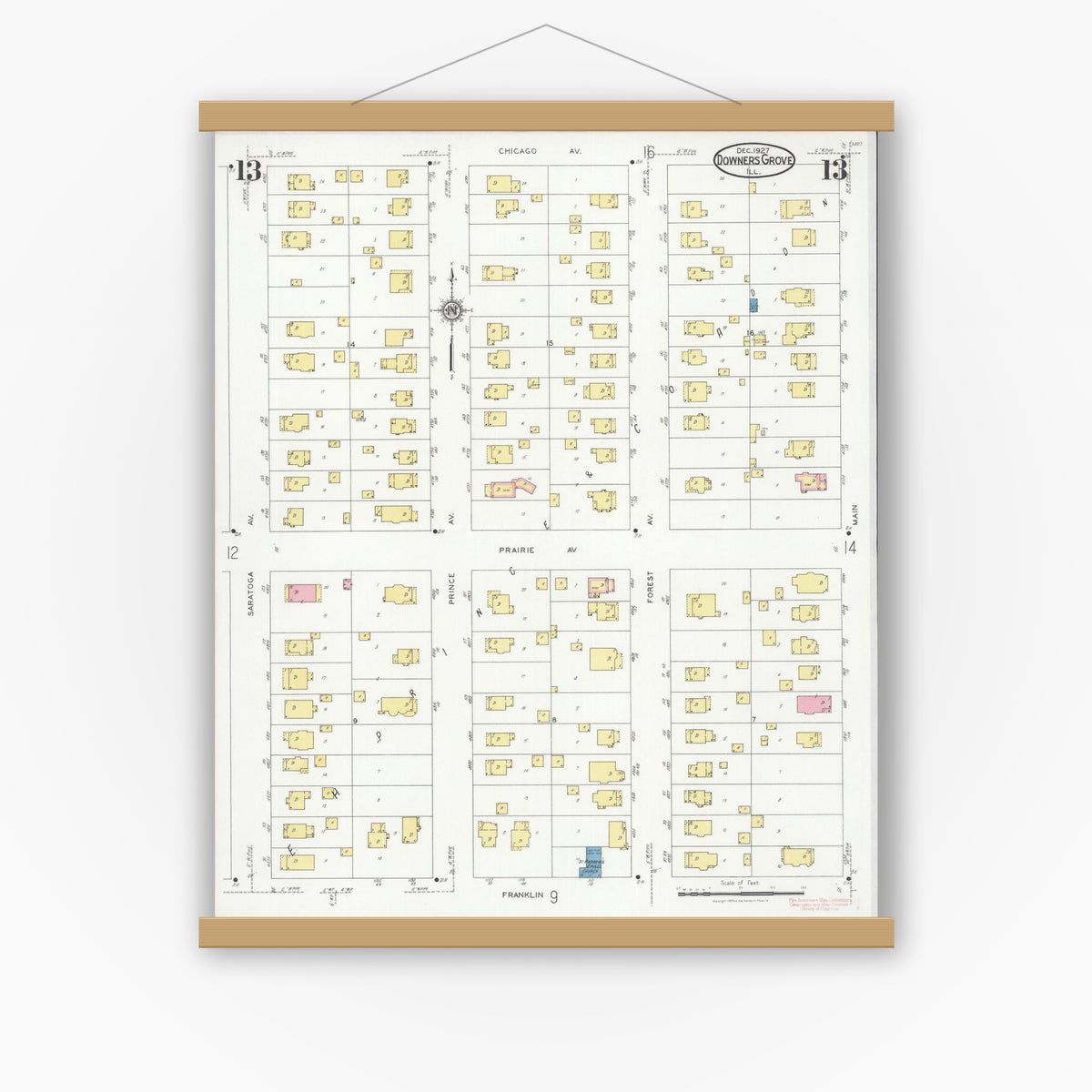 Old map wall art mockup — magnetic wood frame on white wall — Sanborn Fire Insurance Map from Downers Grove, Dupage County, Illinois (1927), Sheet #0013