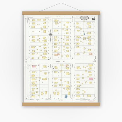 Old map wall art mockup — magnetic wood frame on white wall — Sanborn Fire Insurance Map from Downers Grove, Dupage County, Illinois (1927), Sheet #0013