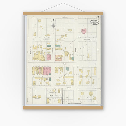 Old map wall art mockup — magnetic wood frame on white wall — Sanborn Fire Insurance Map from Carson City, Montcalm County, Michigan (1894), Sheet #0002