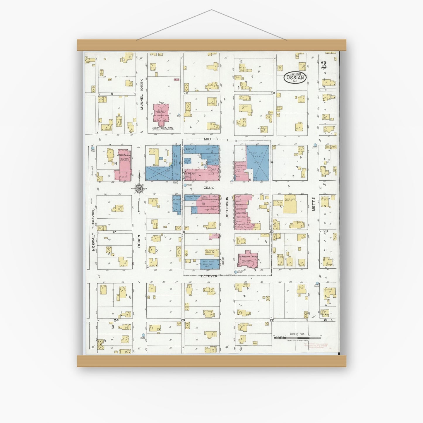 Old map wall art mockup — magnetic wood frame on white wall — Sanborn Fire Insurance Map from Ossian, Wells County, Indiana (1919), Sheet #0002
