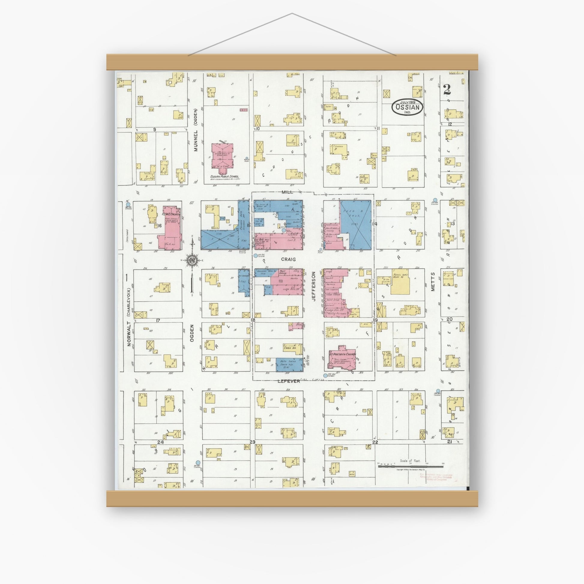 Old map wall art mockup — magnetic wood frame on white wall — Sanborn Fire Insurance Map from Ossian, Wells County, Indiana (1919), Sheet #0002
