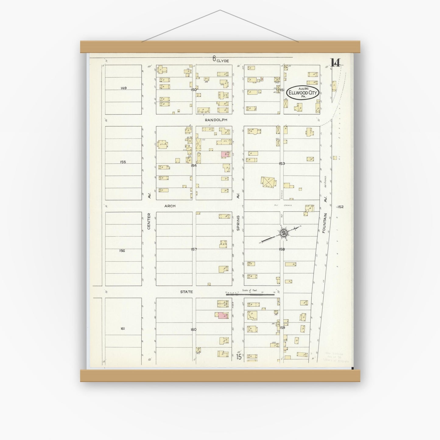 Old map wall art mockup — magnetic wood frame on white wall — Sanborn Fire Insurance Map from Ellwood City, Lawrence County, Pennsylvania (1914), Sheet #0014