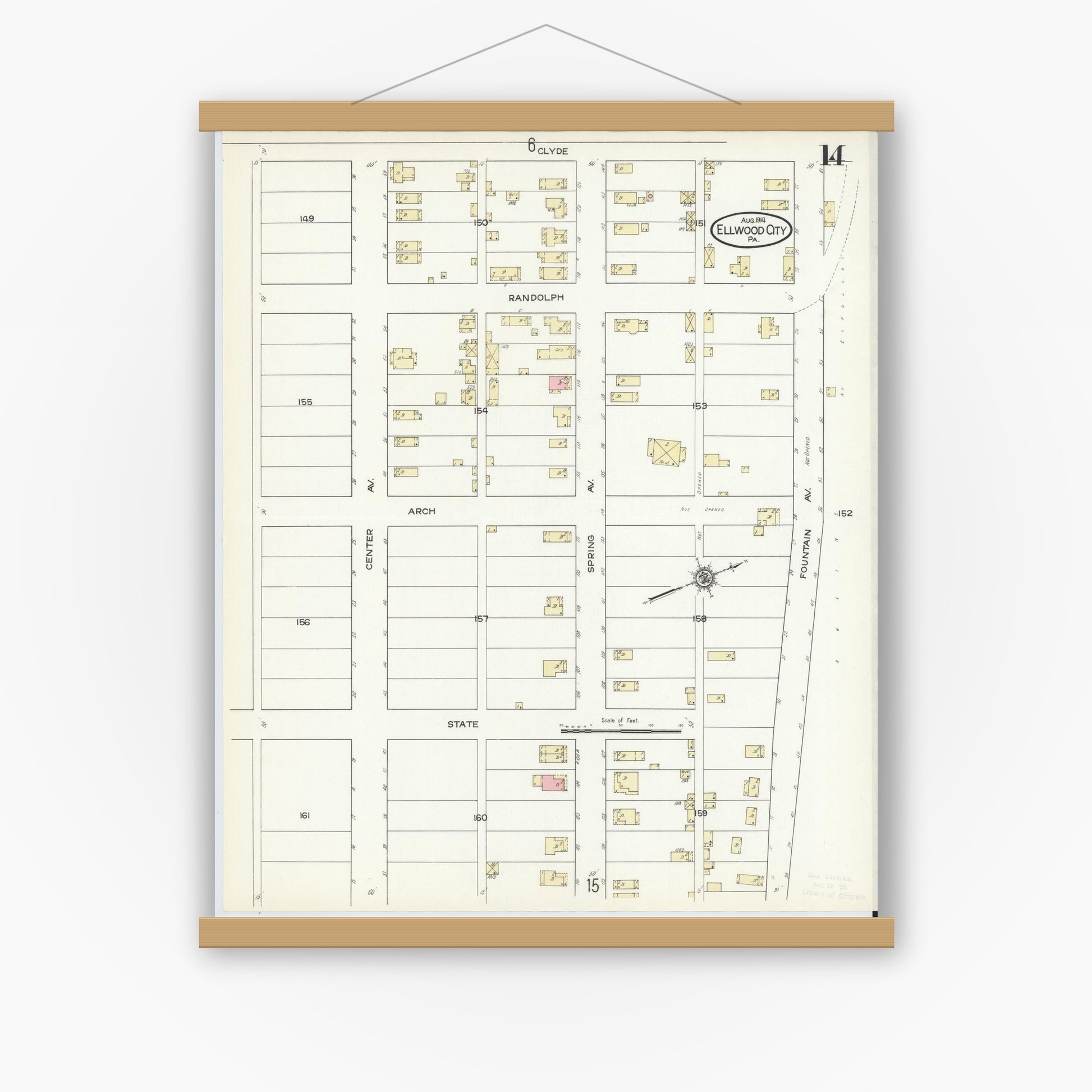 Old map wall art mockup — magnetic wood frame on white wall — Sanborn Fire Insurance Map from Ellwood City, Lawrence County, Pennsylvania (1914), Sheet #0014