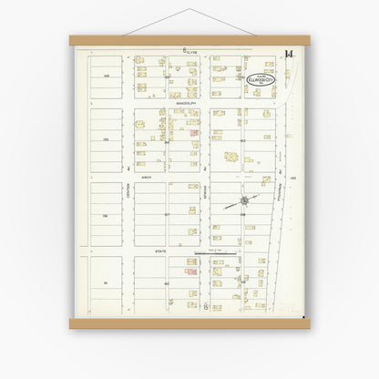 Old map wall art mockup — magnetic wood frame on white wall — Sanborn Fire Insurance Map from Ellwood City, Lawrence County, Pennsylvania (1914), Sheet #0014