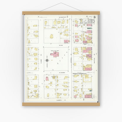 Old map wall art mockup — magnetic wood frame on white wall — Sanborn Fire Insurance Map from Olney, Richland County, Illinois (1910), Sheet #0006