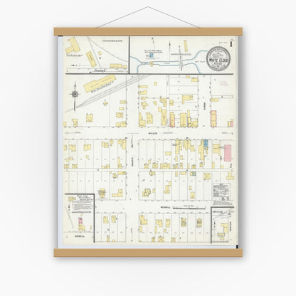 Old map wall art mockup — magnetic wood frame on white wall — Sanborn Fire Insurance Map from White Cloud, Newaygo County, Michigan (1911), Sheet #0001