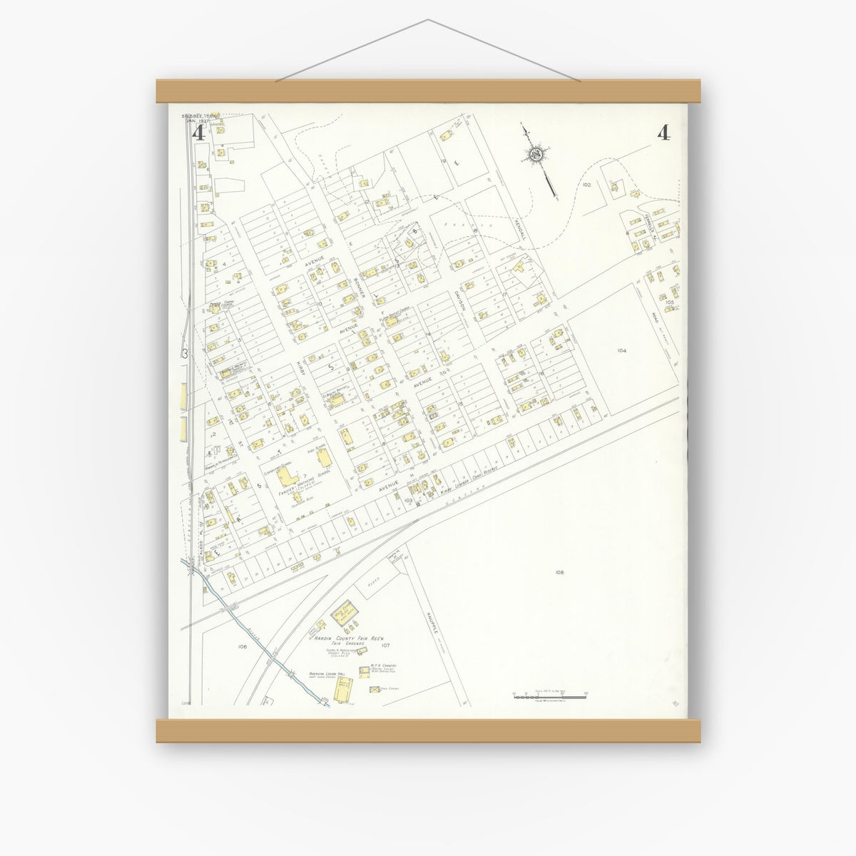 Old map wall art mockup — magnetic wood frame on white wall — Sanborn Fire Insurance Map from Silsbee, Hardin County, Texas (1937), Sheet #0004