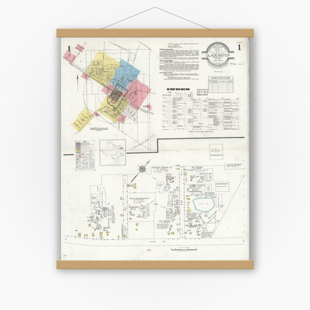 Old map wall art mockup — magnetic wood frame on white wall — Sanborn Fire Insurance Map from Gladewater, Gregg County, Texas (1934) - Complete Map Set