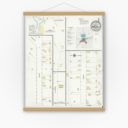 Old map wall art mockup — magnetic wood frame on white wall — Sanborn Fire Insurance Map from Marienville, Forest County, Pennsylvania (1909), Sheet #0001