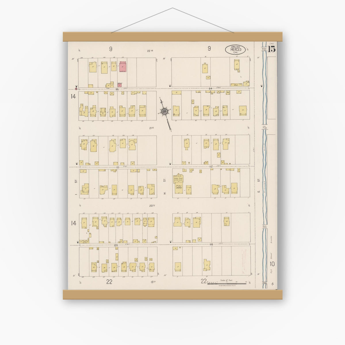 Old map wall art mockup — magnetic wood frame on white wall — Sanborn Fire Insurance Map from Merced, Merced County, California (1922), Sheet #0015