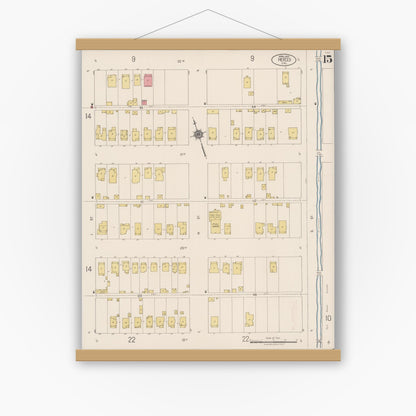 Old map wall art mockup — magnetic wood frame on white wall — Sanborn Fire Insurance Map from Merced, Merced County, California (1922), Sheet #0015