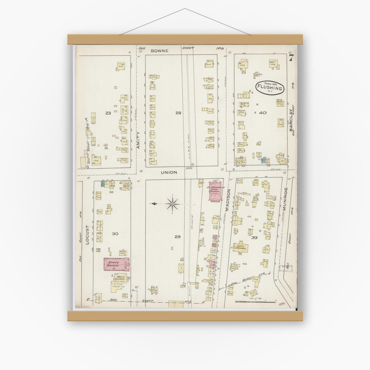 Old map wall art mockup — magnetic wood frame on white wall — Sanborn Fire Insurance Map from Flushing, Queens County, New York (1886), Sheet #0007