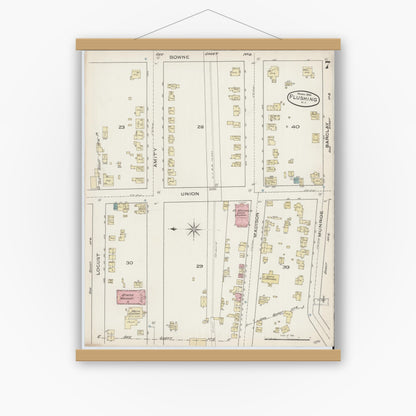 Old map wall art mockup — magnetic wood frame on white wall — Sanborn Fire Insurance Map from Flushing, Queens County, New York (1886), Sheet #0007