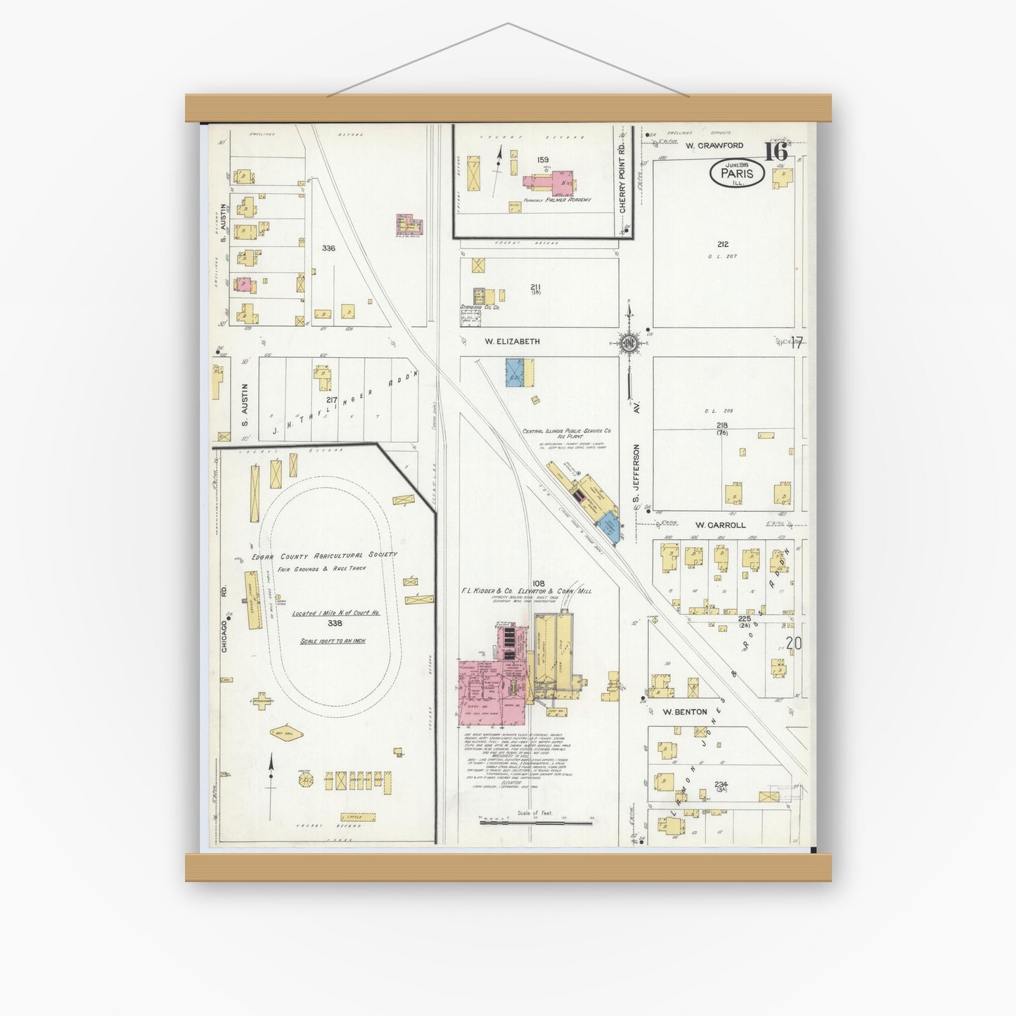 Old map wall art mockup — magnetic wood frame on white wall — Sanborn Fire Insurance Map from Paris, Edgar County, Illinois (1916), Sheet #0016