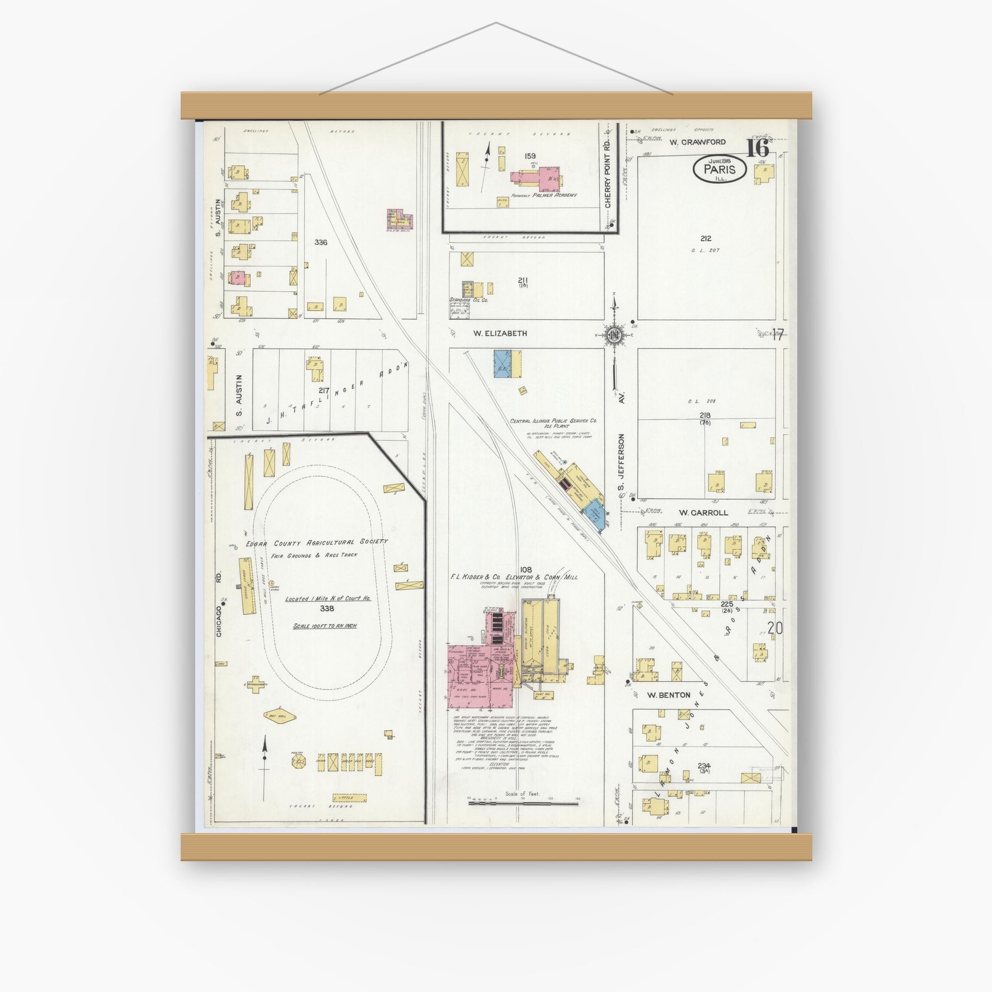 Old map wall art mockup — magnetic wood frame on white wall — Sanborn Fire Insurance Map from Paris, Edgar County, Illinois (1916), Sheet #0016