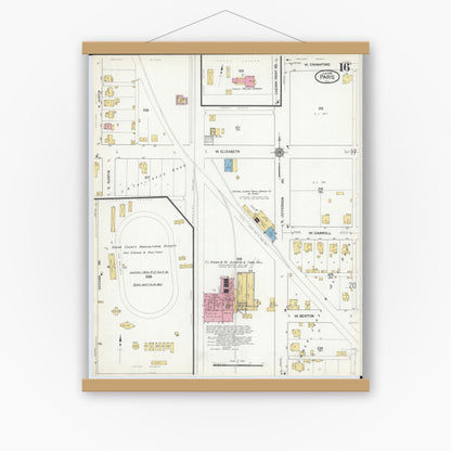Old map wall art mockup — magnetic wood frame on white wall — Sanborn Fire Insurance Map from Paris, Edgar County, Illinois (1916), Sheet #0016