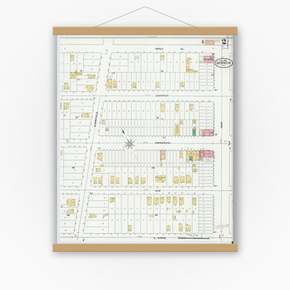 Old map wall art mockup — magnetic wood frame on white wall — Sanborn Fire Insurance Map from Despatch, Monroe County, New York (1906), Sheet #0002