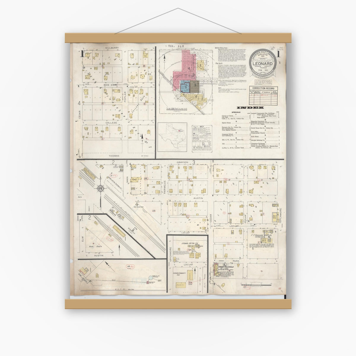 Old map wall art mockup — magnetic wood frame on white wall — Sanborn Fire Insurance Map from Leonard, Fannin County, Texas (1945) - Complete Map Set