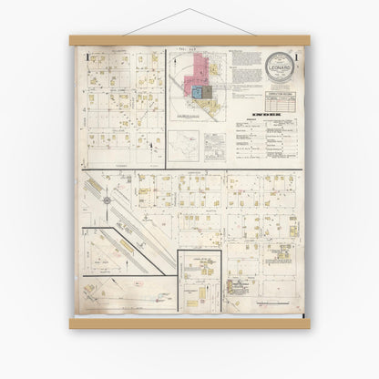 Old map wall art mockup — magnetic wood frame on white wall — Sanborn Fire Insurance Map from Leonard, Fannin County, Texas (1945) - Complete Map Set