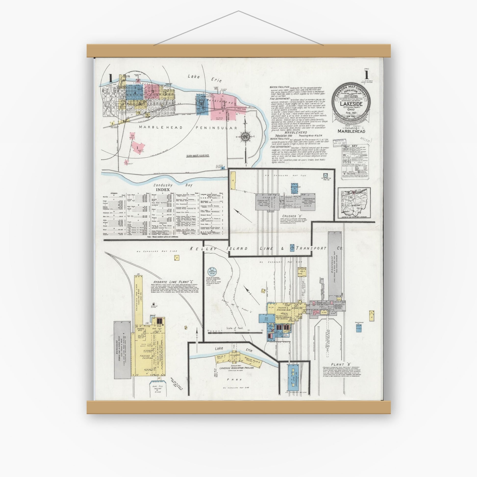Old map wall art mockup — magnetic wood frame on white wall — Sanborn Fire Insurance Map from Lakeside, Ottawa County, Ohio (1927) - Complete Map Set