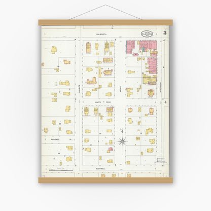 Old map wall art mockup — magnetic wood frame on white wall — Sanborn Fire Insurance Map from Elkhorn, Walworth County, Wisconsin (1904), Sheet #0003