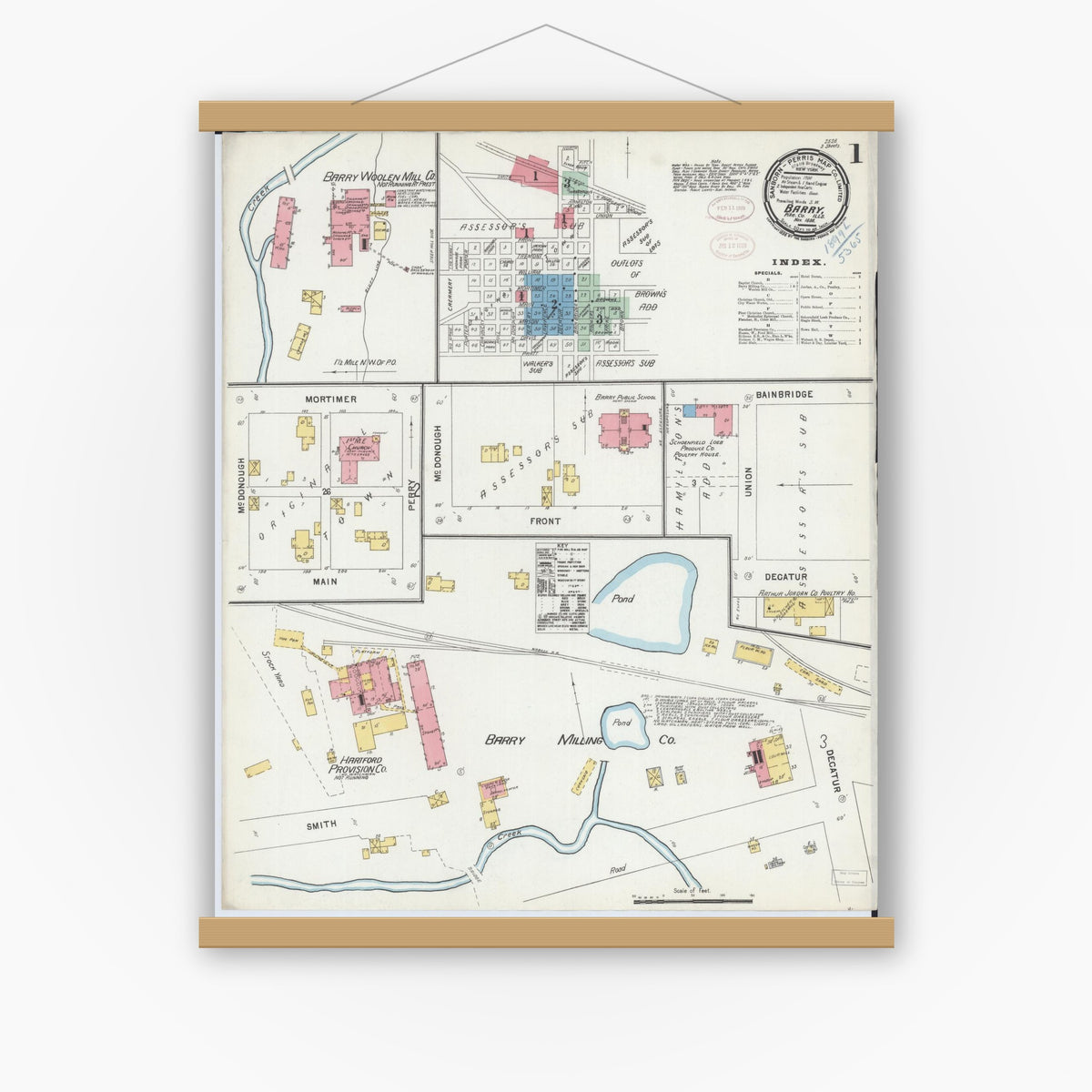 Old map wall art mockup — magnetic wood frame on white wall — Sanborn Fire Insurance Map from Barry, Pike County, Illinois (1898), Sheet #0001