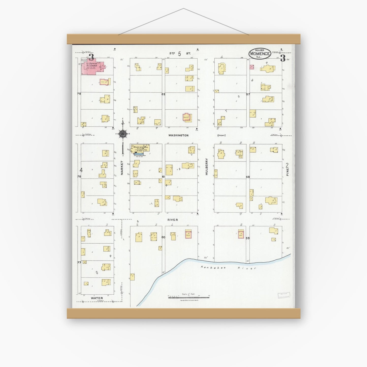 Old map wall art mockup — magnetic wood frame on white wall — Sanborn Fire Insurance Map from Momence, Kankakee County, Illinois (1924), Sheet #0003