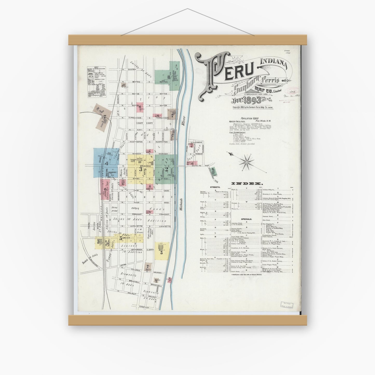 Old map wall art mockup — magnetic wood frame on white wall — Sanborn Fire Insurance Map from Peru, Miami County, Indiana (1893) - Complete Map Set